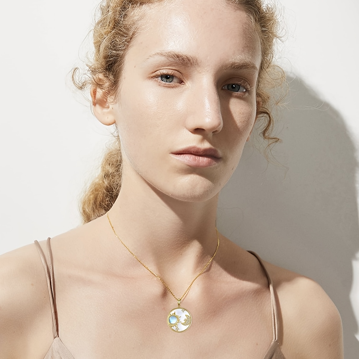 Women's S925 Pendant Necklace with Moonstone Inlaid Shell Sun Moon Star Pendant